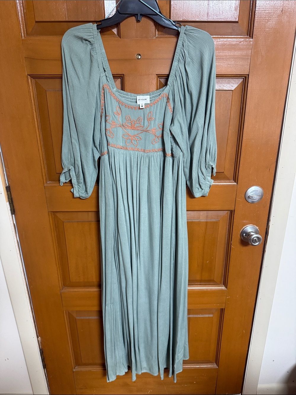 Embroidered Sage Green Maxi Dress with Tie-Sleeve Detail